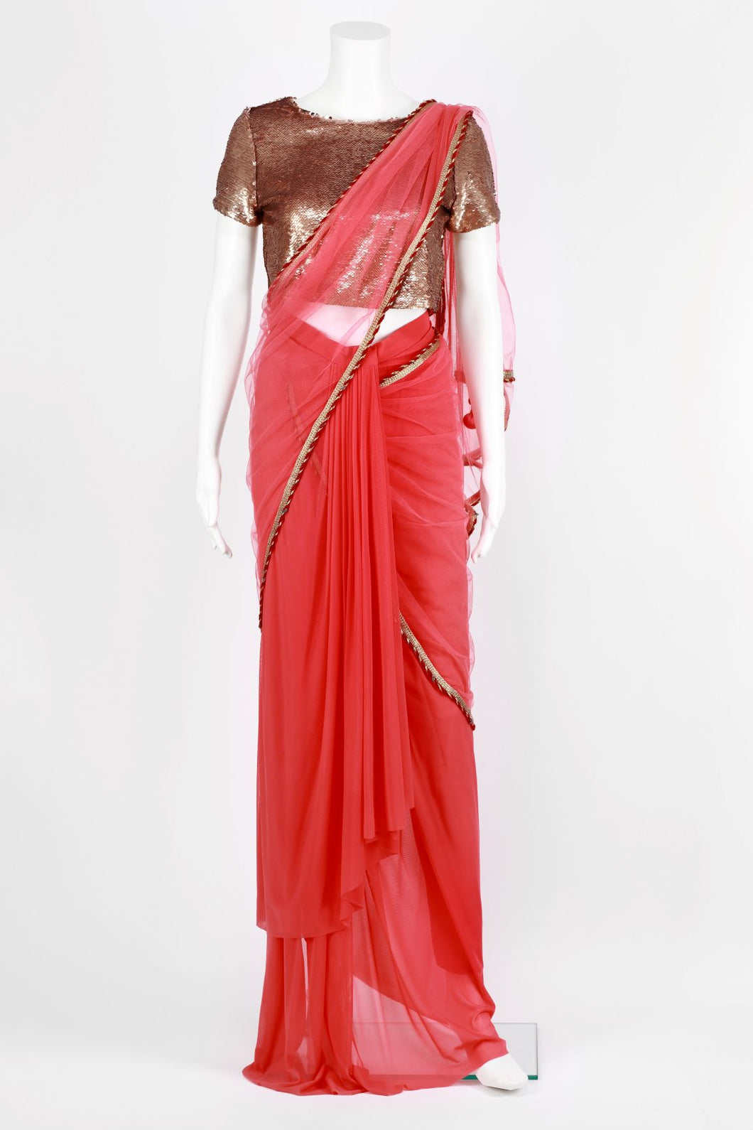 Coral & Bronze Sequin Saree